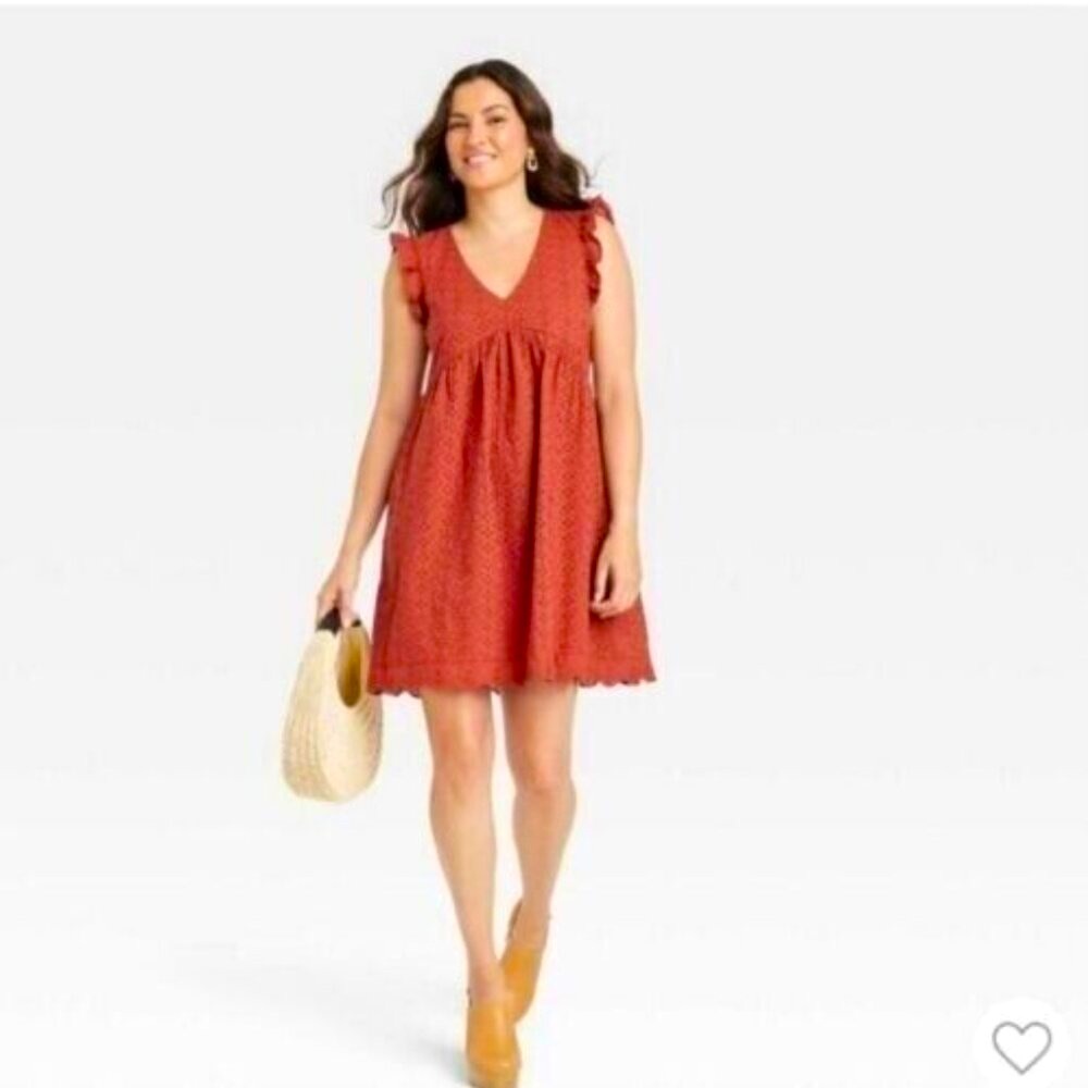 Sz S Knox Rose Burnt Orange Eyelet Babydoll Dress Flutter Sleeve V neck Boho